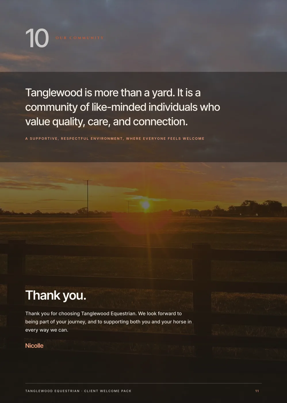 Closing page — our community and thank you, over a golden dusk field