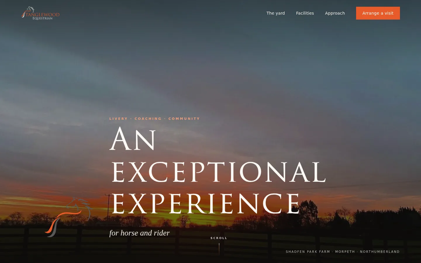 The Tanglewood Equestrian website homepage: reversed logo over a golden-hour hero