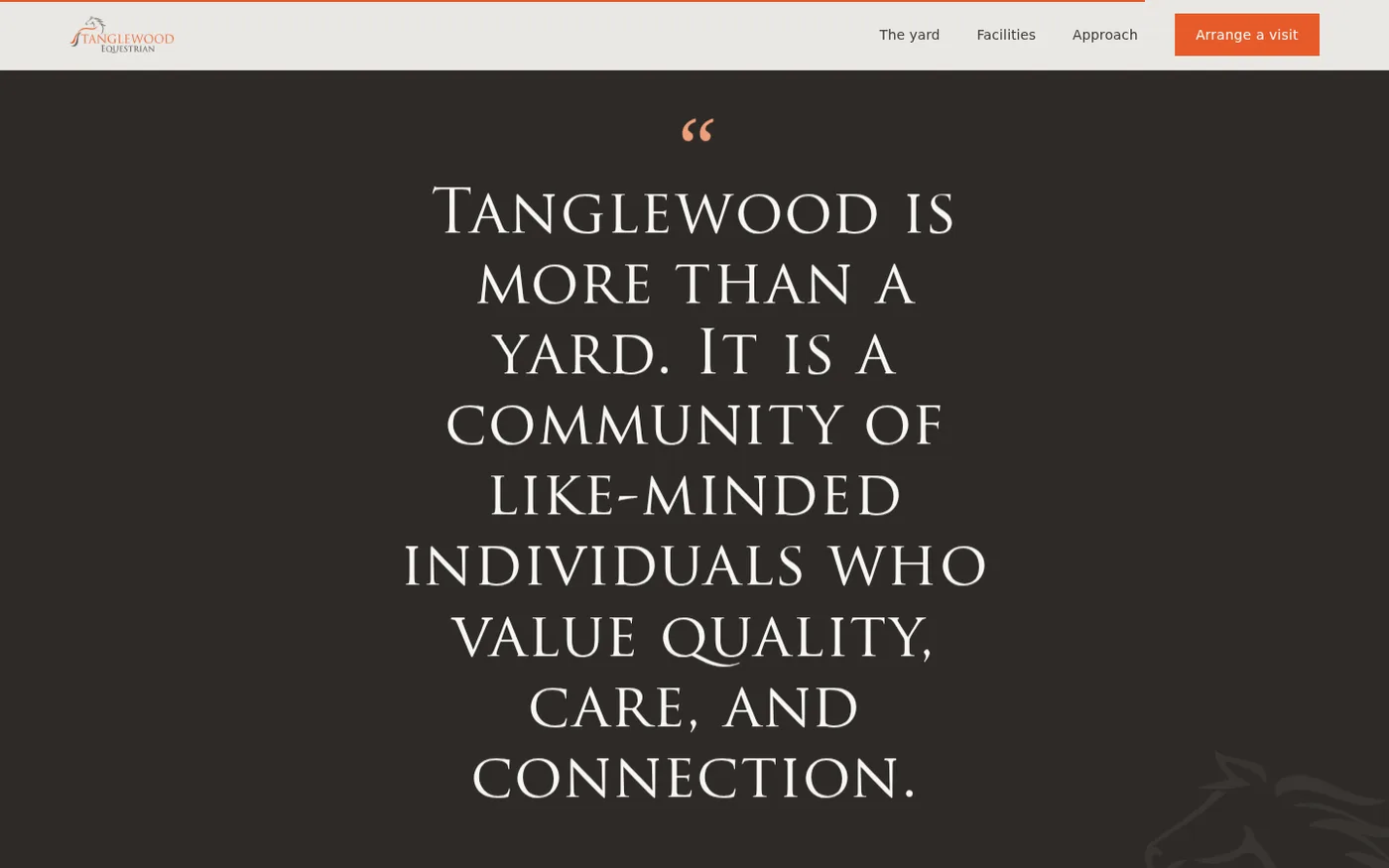 The website’s community pull-quote section: cream on charcoal with the monogram watermark